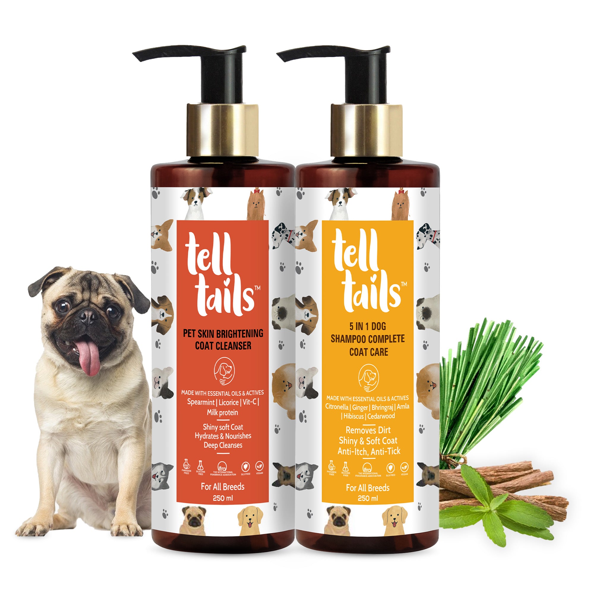 Hydrate & brighten combo- 
-Pet skin brightening coat cleanser 
-5in 1 dog shampoo complete coat care